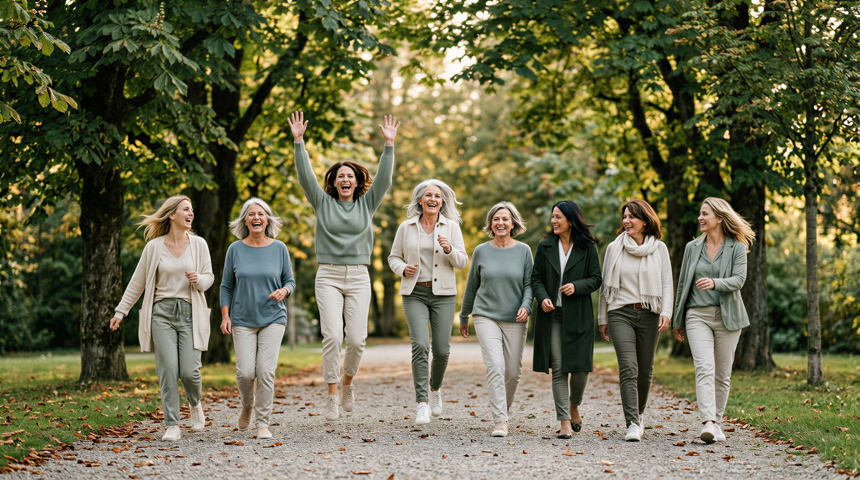 Frauen zwischen 35 und 60 Jahren lachen und springen in der Allee des Bonstettenparks in Thun